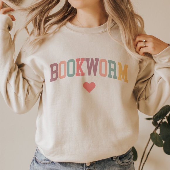 Bookworm Heart Sweatshirt - Cute Bookish Book Lover Gift Sand Sweater - Picture 7 of 8